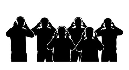 Black Solid Navy Sonar Listening Silhouettes Set of Six on White Background isolated on plain white...