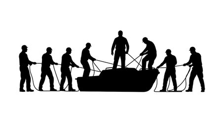 Black Solid Coast Guard Boat Towing Silhouettes Set of Six on White Background isolated on plain...