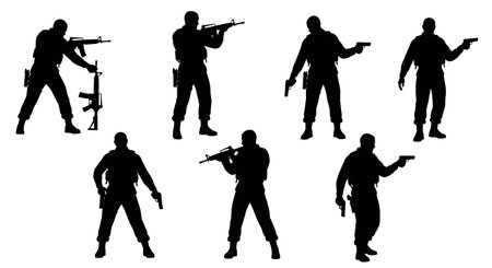 Black Solid Weapon Transition Sidearm Silhouettes Set of Six on White Background isolated on plain white background.のイラスト素材