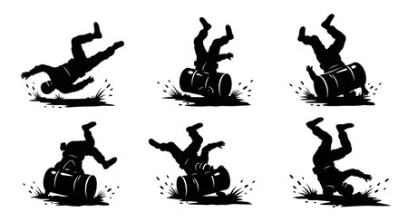 Black Solid Evasive Combat Roll Silhouettes Set of Six on White Background isolated on plain white background.のイラスト素材