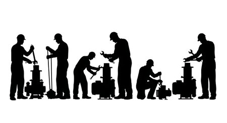 Black Solid Broken Water Pump Repair Silhouettes Set of Six on White Background isolated on plain...