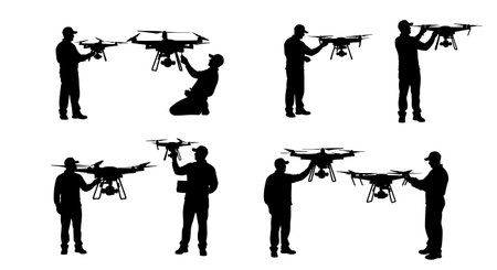 Black Solid Checking Fertilizer Payload Drone Operator Silhouettes Set of Six on White Background...