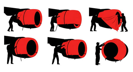 Black Solid Covering Jet Intake Protective Tarp Worker Silhouettes Set of Six on White Background...