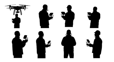 Black Solid Construction Site Drone Surveyor Silhouettes Set of Six on White Background isolated on...