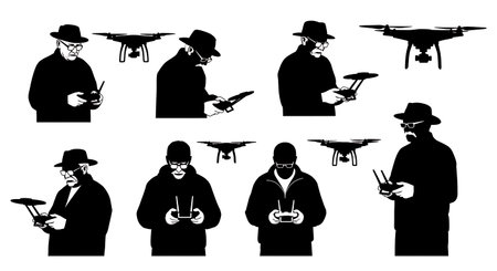Black Solid Elderly Hobbyist First UAV Maneuvering Silhouettes Set of Six on White Background...