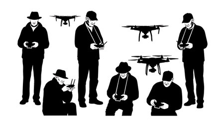 Black Solid Elderly Hobbyist First UAV Maneuvering Silhouettes Set of Six on White Background...