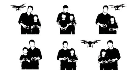 Black Solid Father Child Drone Controller Silhouettes Set of Six on White Background isolated on...
