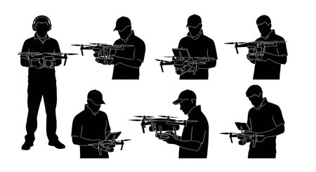 Black Solid Folding Compact UAV Arm Silhouettes Set of Six on White Background isolated on plain...