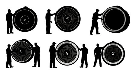 Black Solid Inspecting Jet Engine Turbine Mechanic Silhouettes Set of Six on White Background...