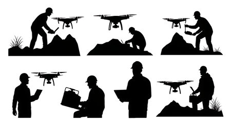 Black Solid Hardhat Roof Inspecting Drone Operator Silhouettes Set of Six on White Background...
