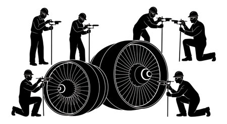 Black Solid Measuring Turbine Wear Micrometer Engineer Silhouettes Set of Six on White Background...