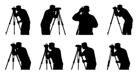 Black Solid Surveying Theodolite Tool Army Silhouettes Set of Six on White Background isolated on...