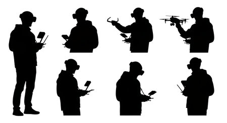 Black Solid Standing FPV Drone Operator Silhouettes Set of Six on White Background isolated on plain...