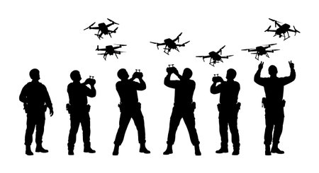 Black Solid Tactical Drone Launch Technicians Silhouettes Set of Six on White Background isolated on...