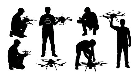 Black Solid Testing FPV Motor Operator Silhouettes Set of Six on White Background isolated on plain...