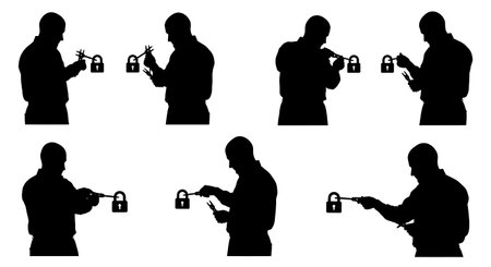 Black Solid Unlocking Car Door Jimmy Tool Mechanic Silhouettes Set of Six on White Background...