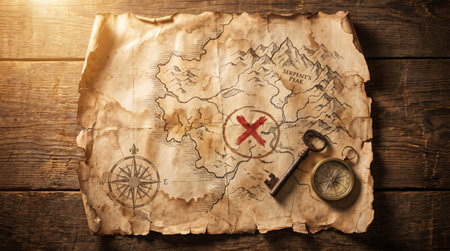 Antique Treasure Map With Red X on Rustic Wooden Table in Cinematic Light
