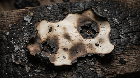 Burned Document Fragment on Charred Wooden Surface in Dark Cinematic Aftermath Scene