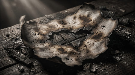 Burned Document Fragment on Charred Wooden Surface in Dark Cinematic Aftermath Scene