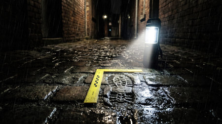 Forensic Boot Print Evidence in Rainy Urban Alley Crime Scene at Night