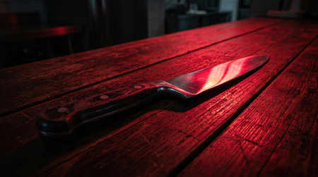 Sharp Kitchen Knife on Dark Wooden Table Under Dramatic Red Cinematic Lighting