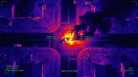 Thermal Drone View of Burning Car on Suburban Street at Night During Emergency Crisis