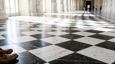 Low Angle View of Classic Black and White Marble Checkerboard Floor Silhouettes Set isolated on plain white background.