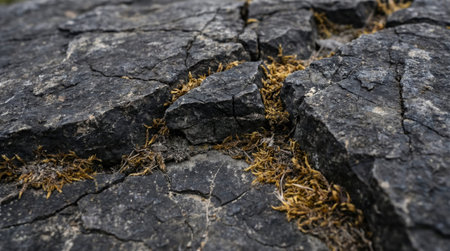 Macro Texture of Cracked Ancient Black Marble with Moss Silhouettes Set isolated on plain white background.