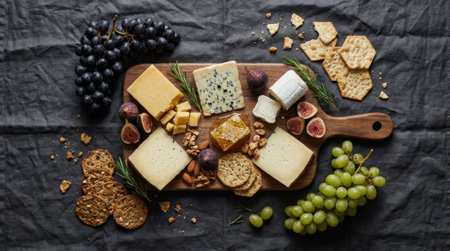 Artisanal Cheese Board Resting On Wrinkled Charcoal Grey Linen Flat Lay