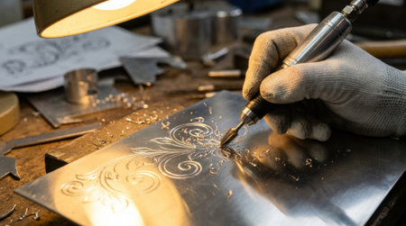 Artist Engraving Intricate Floral Design into Polished Aluminum Plate