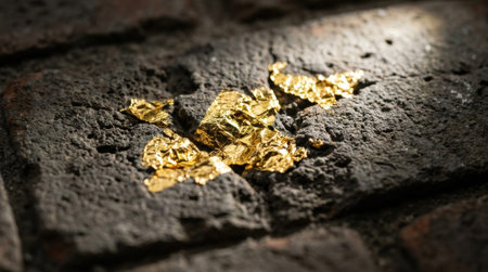 Macro Detail of Gold Leaf Applied Inside Weathered Grey Brick