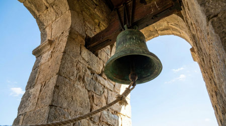 Bronze Church Bell Hanging In Ancient Stone Belfry Under Blue Sky