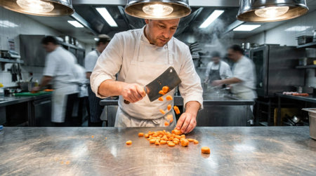 Chef Chopping Carrots on Heavily Scratched Stainless Steel Prep Table