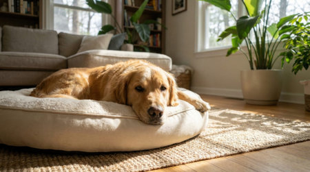 Golden retriever peacefully resting its head on thick cotton pet bed