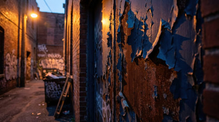 Peeling blue paint curling over completely rusted urban metal door