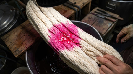 Hot pink liquid dye absorbing rapidly into thick bundle of raw cotton yarn