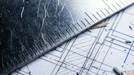 Extreme Macro of Scratched Steel Ruler Measuring Complex Architectural Blueprints
