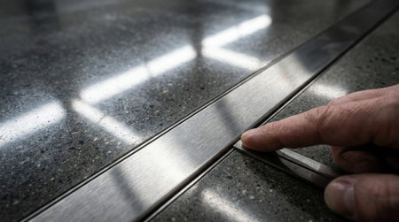 Brushed Steel Inlay Flush with Dark Grey Polished Concrete