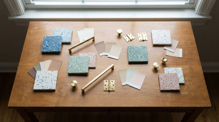 Architectural material samples including colorful terrazzo swatches on a desk