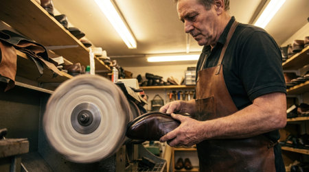 Cobbler Buffing a Polished Dress Shoe on Rotating Wheel