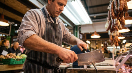 Butcher Sharpening Meat Cleaver With Rustic Market Stall Bokeh