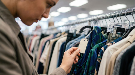 Buyer Looking At Price Tag With Clothing Rack Fashion Bokeh