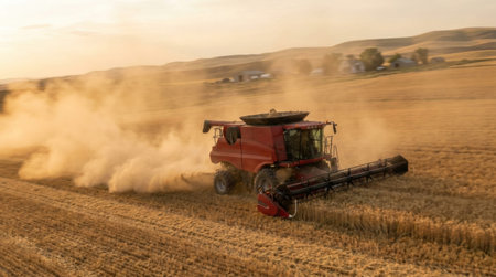 Massive combine harvester working through a dry wheat field creating a huge cloud of agricultural dust.