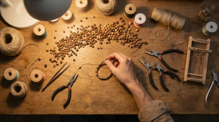 Top down view of crafter desk covered in small wooden beads and string
