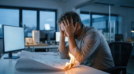 Architect looking defeated as large blank blueprint is half consumed by fire