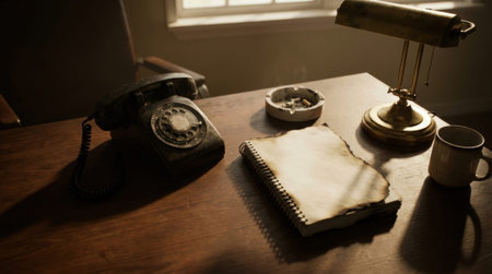 Old rotary telephone sitting next to heavily scorched blank notepad on desk