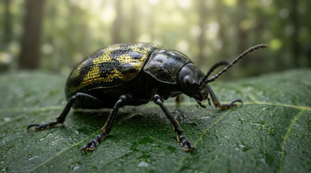 Striking Macro Shot Of Shiny Black Beetle With Golden Markings