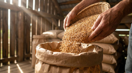 Farmer carefully pouring freshly harvested organic wheat grains into a massive multi-layered industrial kraft paper storage sack.