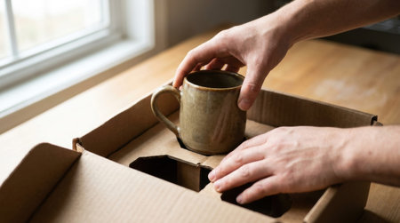 Worker Placing Handmade Ceramic Mug Into Custom Fitted Corrugated Insert