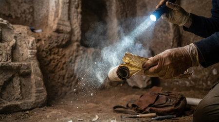 Dust blowing off an old curled parchment document in dark tomb